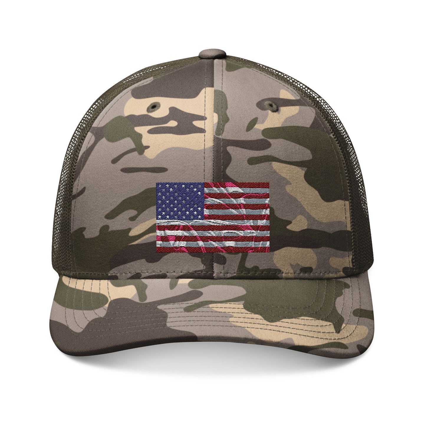 Camo Trucker Hat — Embroidered American Flag Patch