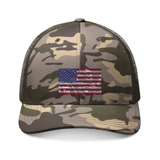 Camo Trucker Hat — Embroidered American Flag Patch