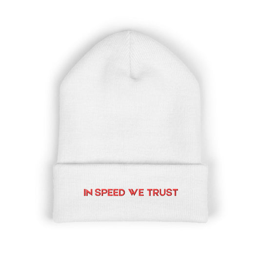 In Speed We Trust Embroidered Beanie — Classic Cuffed Winter Hat